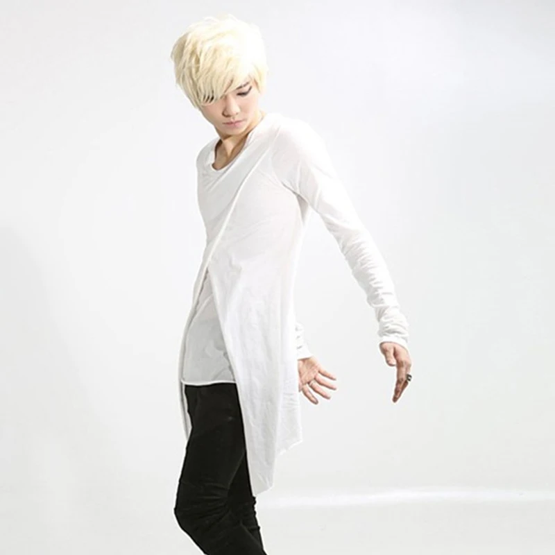 Spring new ultra long paragraph large size long-sleeved round neck T-shirt bottoming shirt hair stylist tide men's slim night cl | Мужская