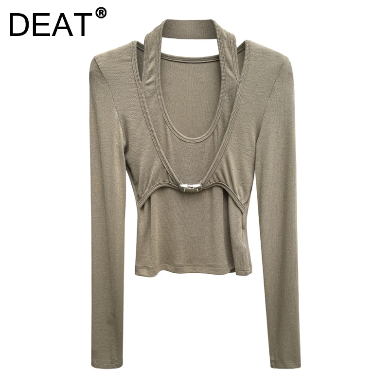 

Осенне-зимняя однотонная трикотажная облегающая футболка DEAT 7Z421 с длинным рукавом, 2021