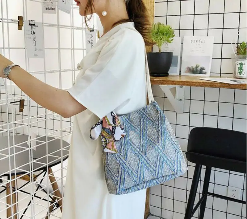 Женская ромбовидная соломенная сумка с лентой ретро Сумочка из ротанга тканые