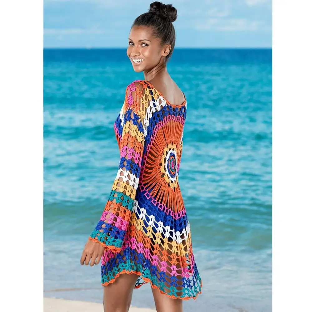 Женское трикотажное платье ручной работы разноцветное мини с длинным