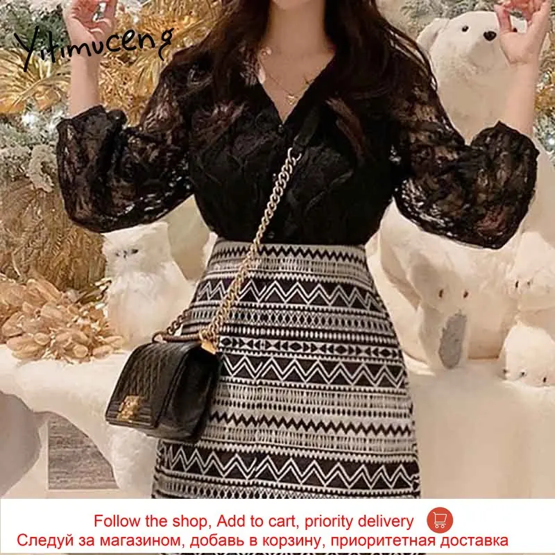 

Yitimuceng Vintage Lace Floral Blouse Women Button Up Shirts Plus Size Long Sleeve Black Apricot 2021 Summer Fashion New Tops