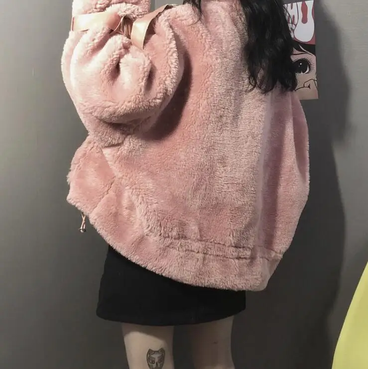 

Real shot women's winter loose loose lazy collar pocket plus velvet warm long-sleeved jacket