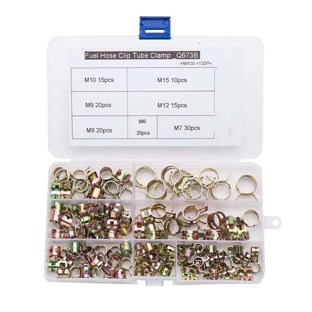 

free shipping 130Pcs 6-15mm Q673B Vacuum Spring Fuel Oil Water CPU Hose Clip Pipe Tube for Band Clamp Metal Fastener Assortment