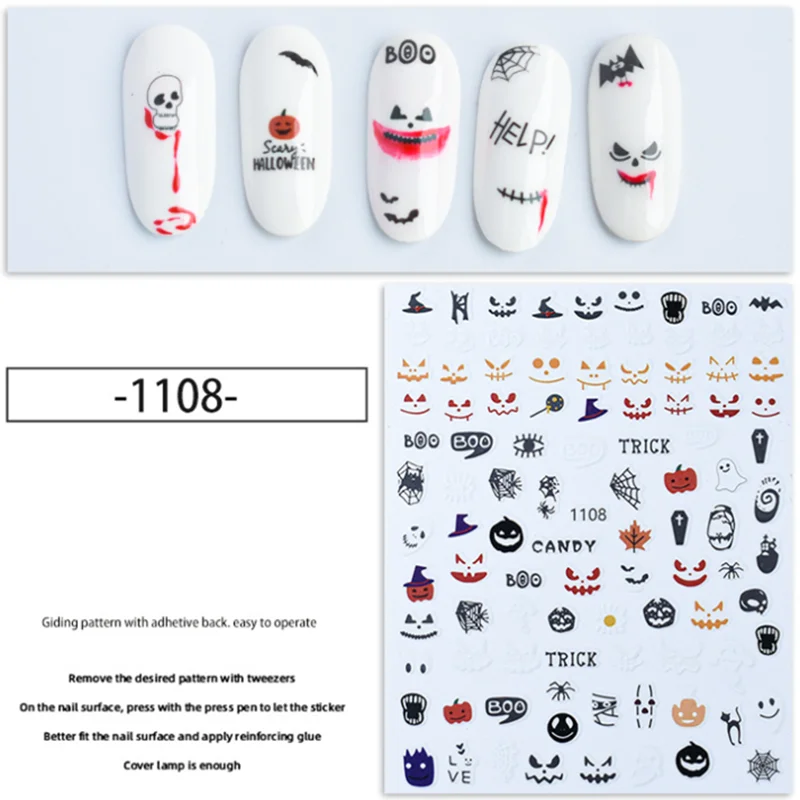 

5PCS Nail Art Stickers Halloween Skeleton Pumpkin Design Adhesive Nail Art Decoration Autumn Luminous Nail Stickers Decals
