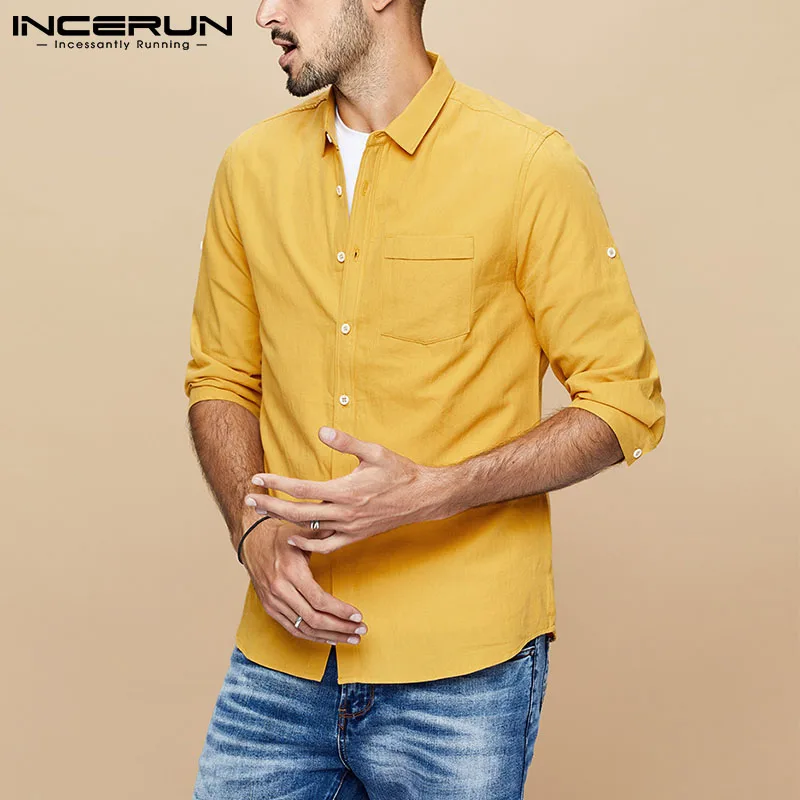 

Men Shirt Cotton Solid Color Lapel Three Quarter Sleeve 2021 Tops Streetwear Pockets Button Simple Casual Camisas INCERUN S-3XL