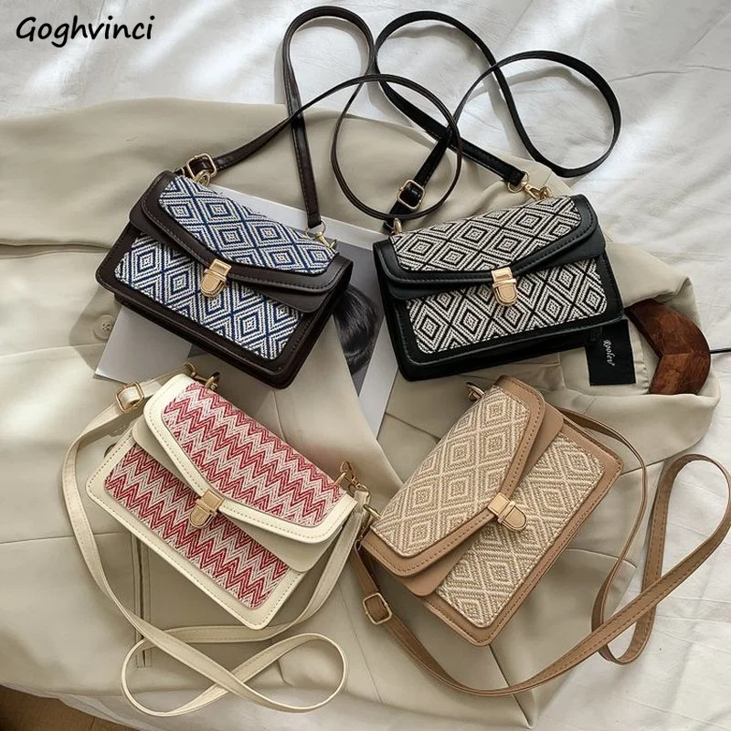 

Ethnic Retro Shoulder Bags Women Flap Cross Body Korean Weave Panelled Argyle Bolsa Streetwear Multi-function Tender Casual PU