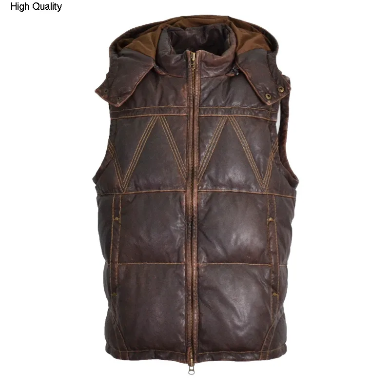 2020 мужской кожаный пуховый жилет с капюшоном Мужской винтажный итальянский из