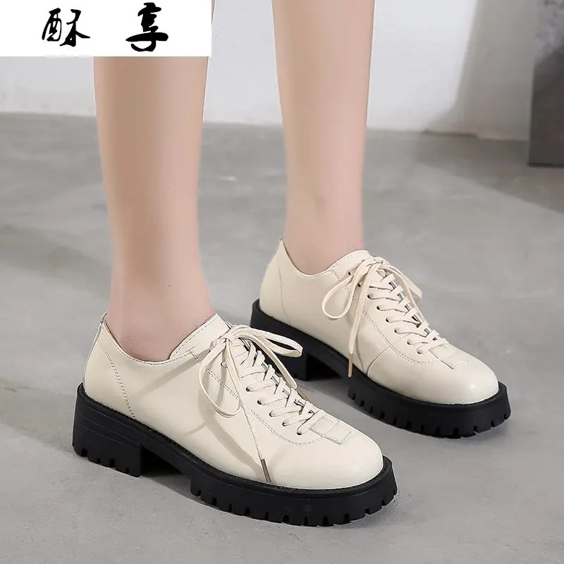 

2021 Spring New Casual Pu Women's Leather Shoes Fashion Women Flat Comfortable Lace Up Mid Women's Shoes Retro Art Women Shoes