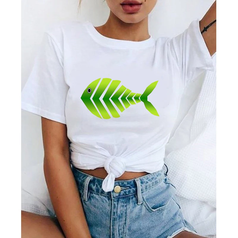

2020 Fashion Women Harajuku Funny Fishbone Cartoon Printed T Shirt Casual Short Sleeve Women's T-shirt Soft Female T shirt