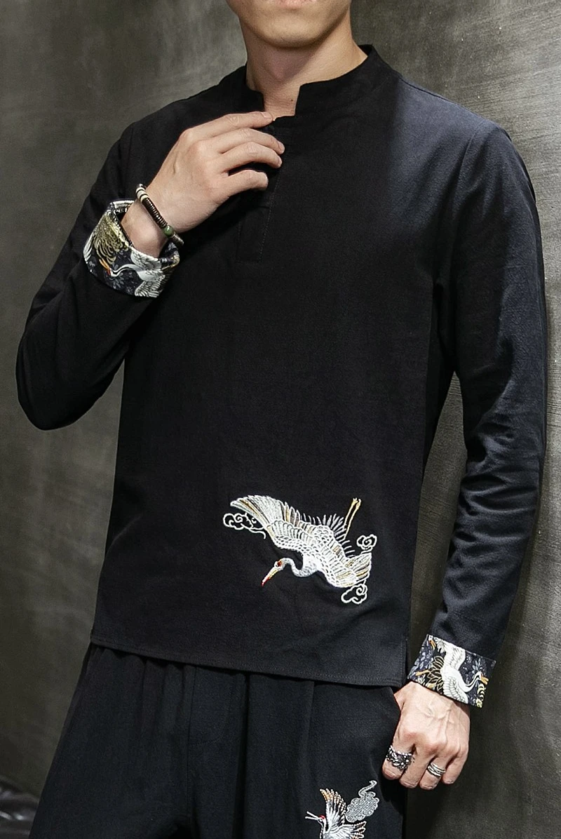 Черный кран с вышивкой и пряжкой мелкой дробленой льняной &quotМандарин&quot Кун-фу