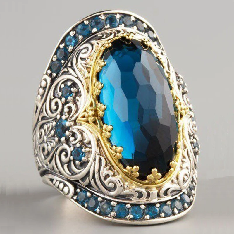 

2021 Retro Huge Bohemian Oval Blue Zircon Rings For Women Vintage Fashion Silver Color Female Jewelry Wedding Party Boho Gifts