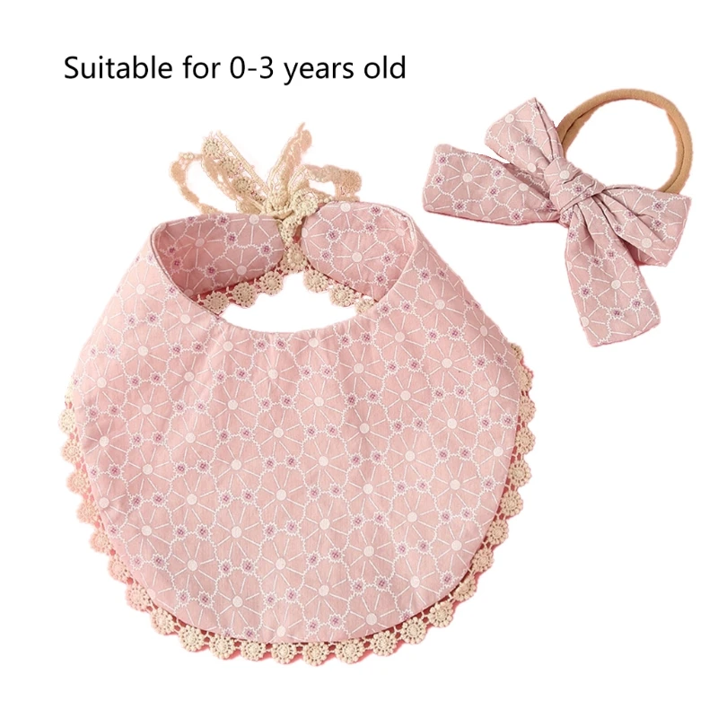 

2 Pcs/Set Baby Feeding Drool Bib Floral Headband Set Lace-up Tassel Saliva Towel