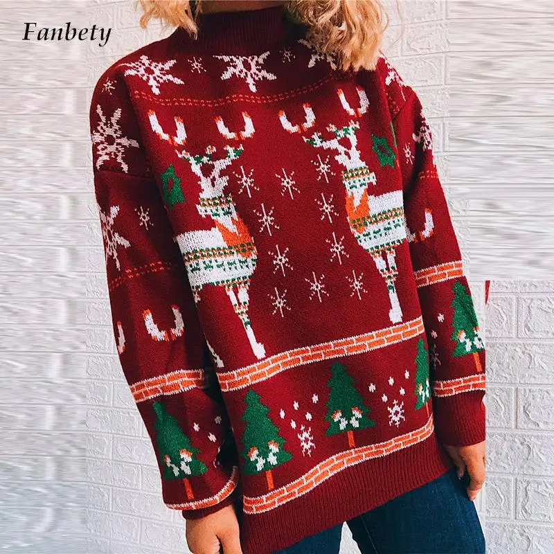 

Elegant Women Autumn Winter Loose Pullover Jumpers Fashion Snowfake Deer Print Christmas Sweater Casual Loose Tops Streetwears