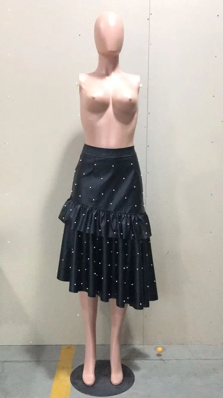 

Double Ruffle Spliced Sexy PU Skirts Women Elastic Waist Beading Irregular Skirts Autumn Winter High Street Maxi Skirts D8220