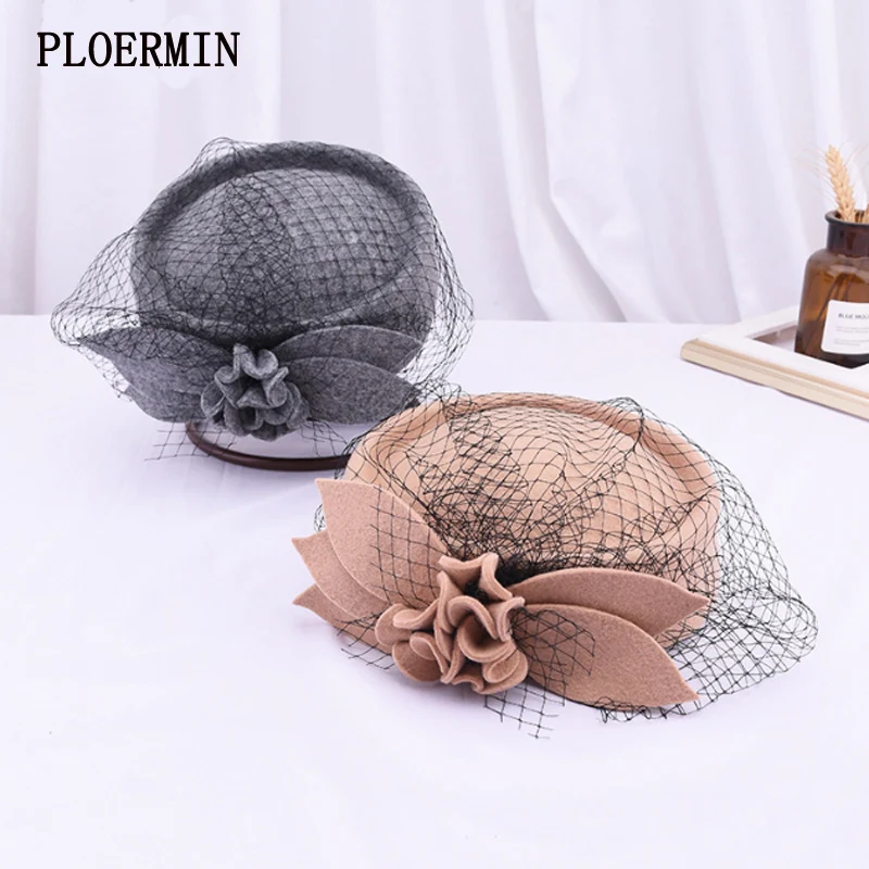 PLOERMIN 2021 Autumn and Winter Lady Party Formal 100% Wool Felt Hats Women Flower Gauze Woolen Beret Caps Banquet Hat | Аксессуары для