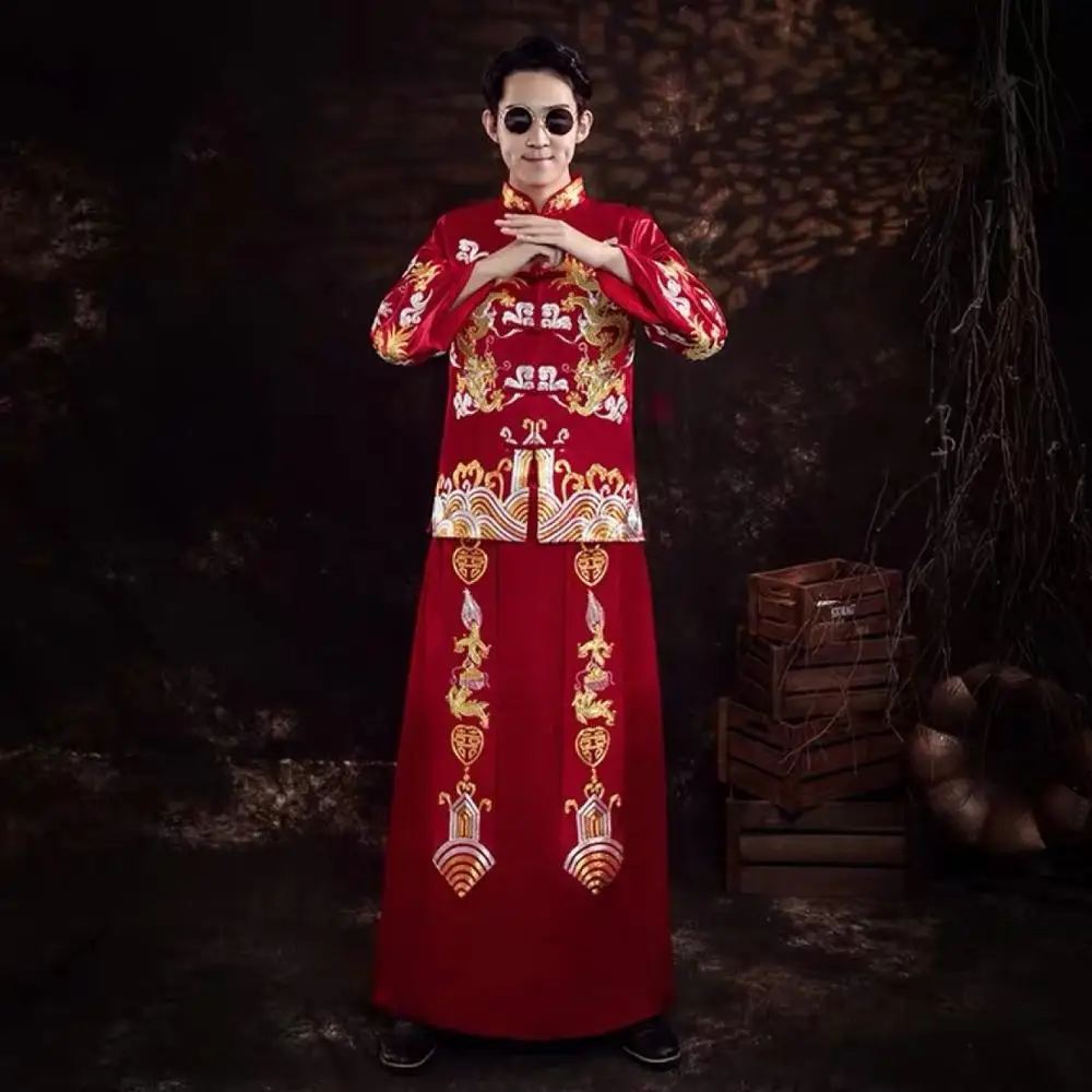 

Костюмы в китайском стиле для жениха, мужской красный чонсам, традиционное свадебное Ципао, мужской костюм Тан с вышивкой дракона