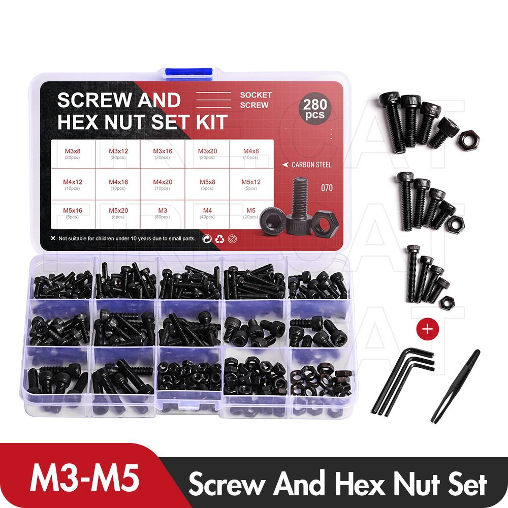 

M3 M4 M5 Black Carbon Steel Socket Allen Round Flat Head Organizer Screws Set Hex Nuts Hand Tools Kit 280 Pcs Diy Bolts Nut Set