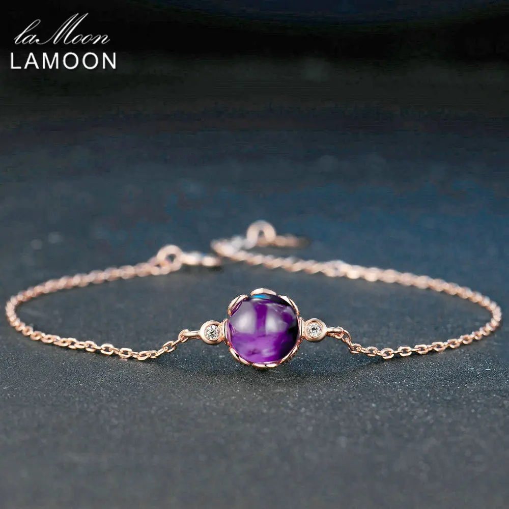 LAMOON 8mm 2.1ct Natural Purple Amethyst Bracelets For Women 925 Sterling Silver Rose Gold Vermeil Jewelry Charm Bracelet HI035