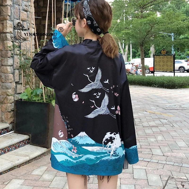 Yukata женское японское кимоно кардиган с принтом журавлей азиатская одежда