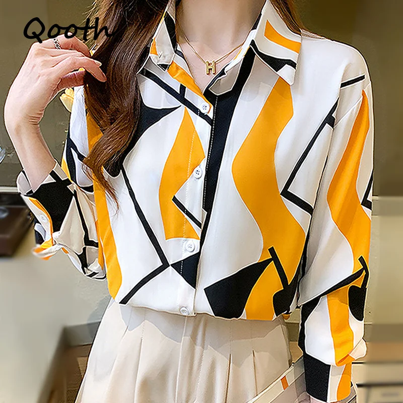 

Qooth Chiffon Long Sleeve Women Shirt Office Lady Elegant Blouses Floral Printing Slim Fashion Blouses Or Tops For Women QT1007