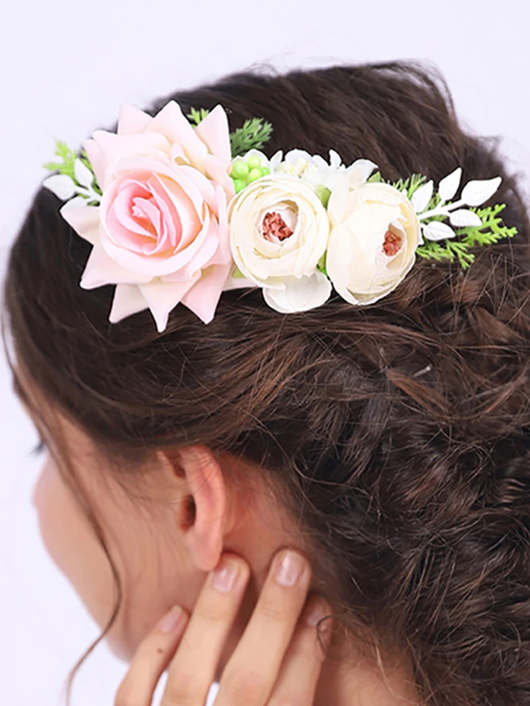 Свадебная расческа для волос с цветами невесты розовыми розами и листьями