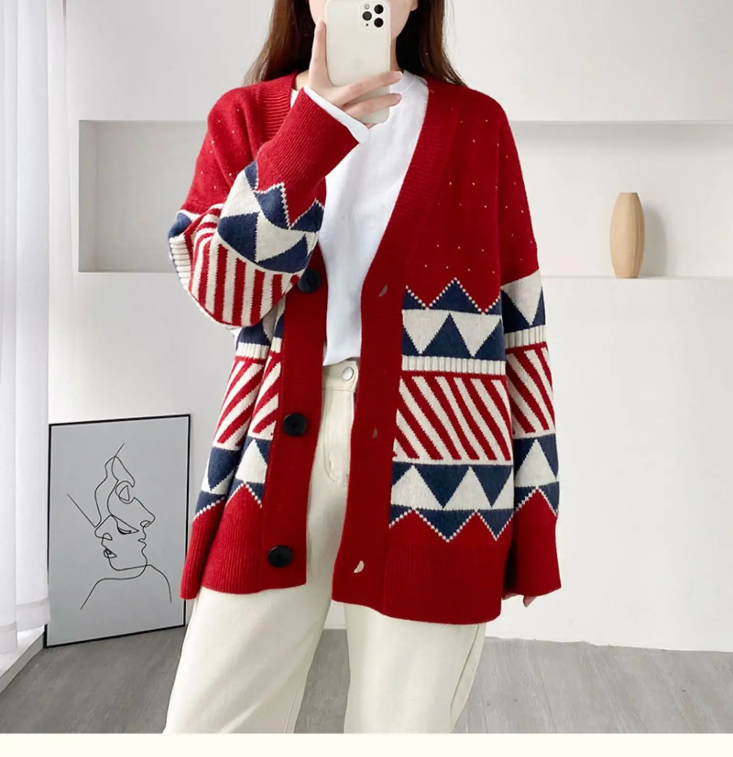 

Женский жаккардовый свитер, Длинный свободный кардиган на пуговицах, вязаный жаккардовый кардиган на пуговицах, весна 2021