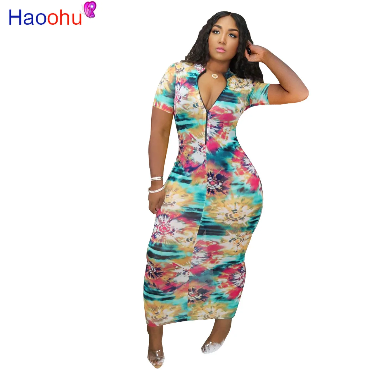 

HAOOHU 2020 Women Summer Fashion Dress Long Maxi Dress Tie-dye Print Street Sexy Bandage Beach Night Club Party Dresses Vestido