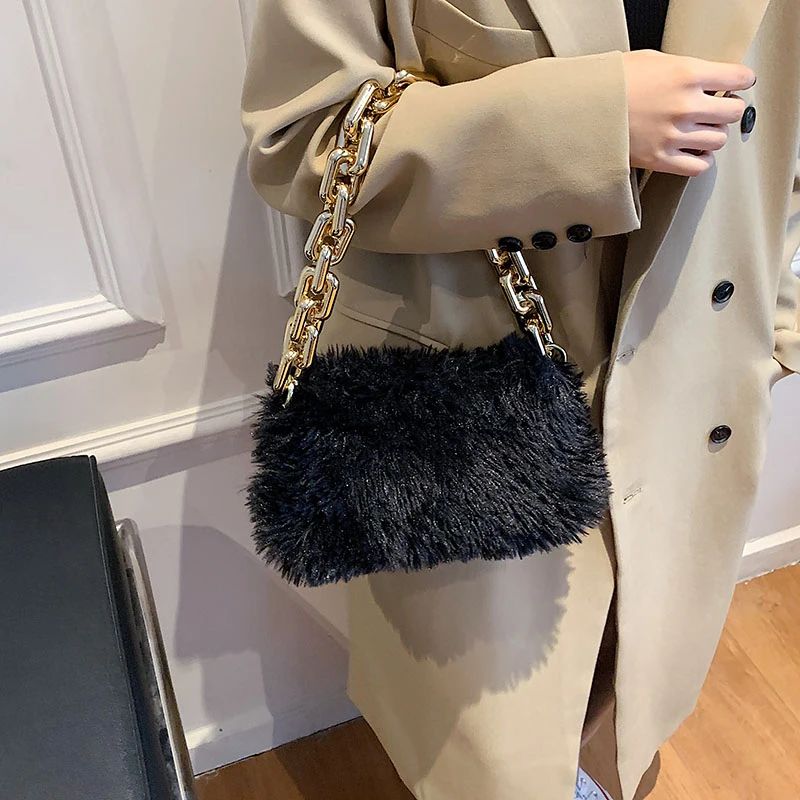 

Зимняя новая плюшевая сумка на плечо, модная Толстая пушистая сумка на цепочке, женские мягкие сумки на одно плечо, однотонная женская сумка...