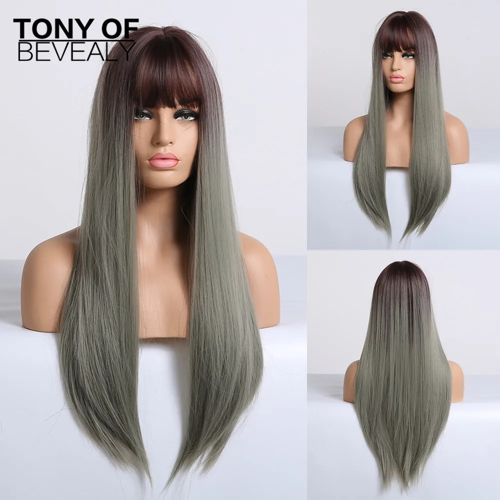 Длинные прямые синтетические парики коричнево синие серые волосы омбре с челкой