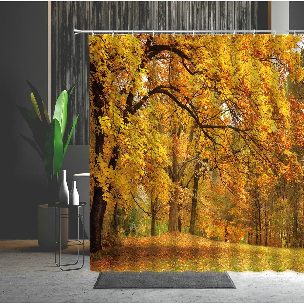 

Autumn Landscape Shower Curtains Forest Maple Yellow Fallen Leaves Bathtub Decoration Bath Curtain Multiple Size With Hooks