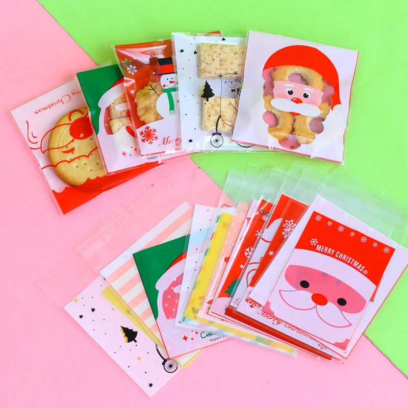 

100 pc Plastic Cookie Gift Bags Christmas Santa Snowman Snacks Cookie Packaging candy bags packaging bags