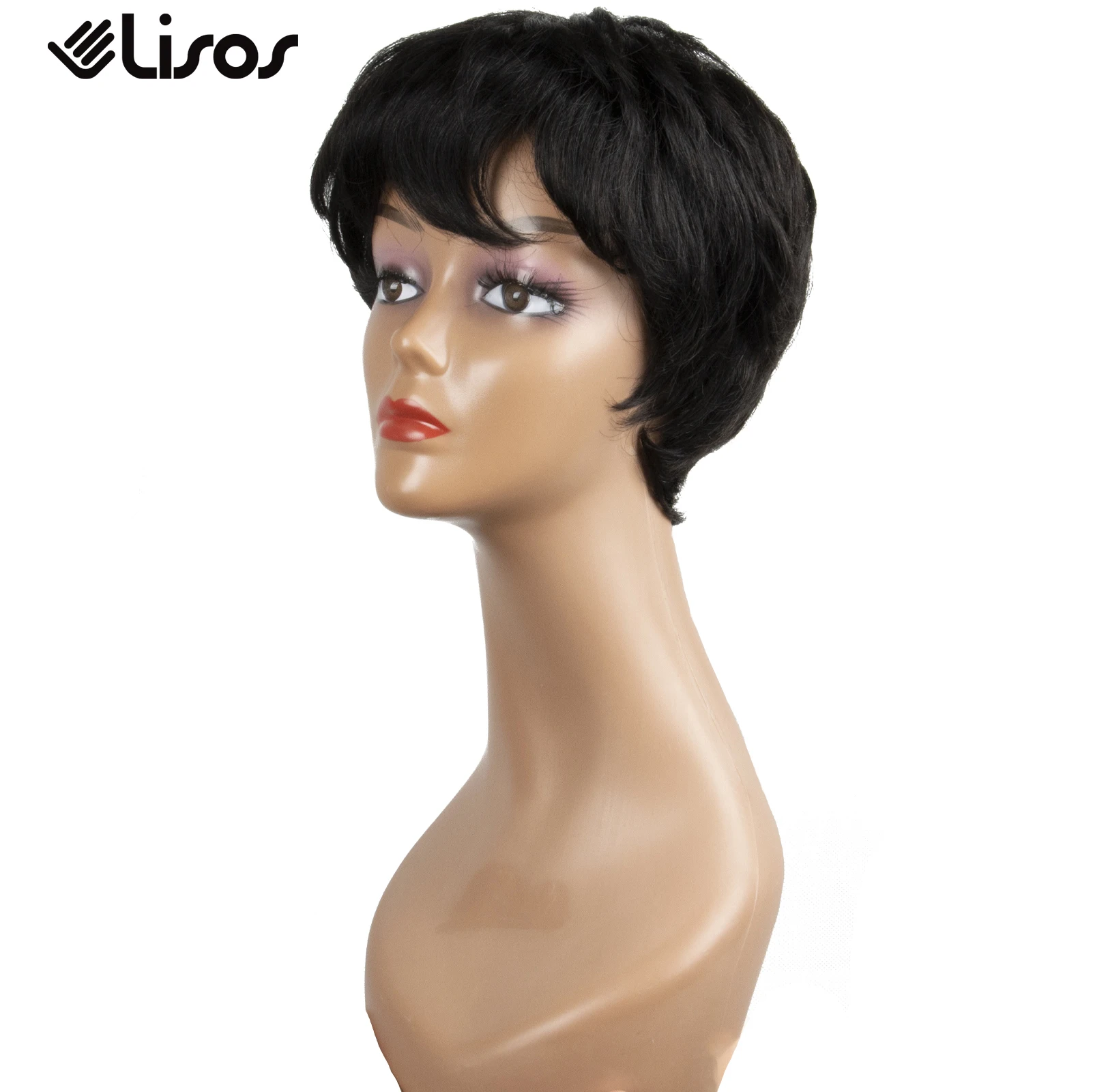 

Black Short Wavy Bob Human Hair with Bangs Remy Pixie Cut Full Machine Made Wigs for Fashion Black Women Daily Wear