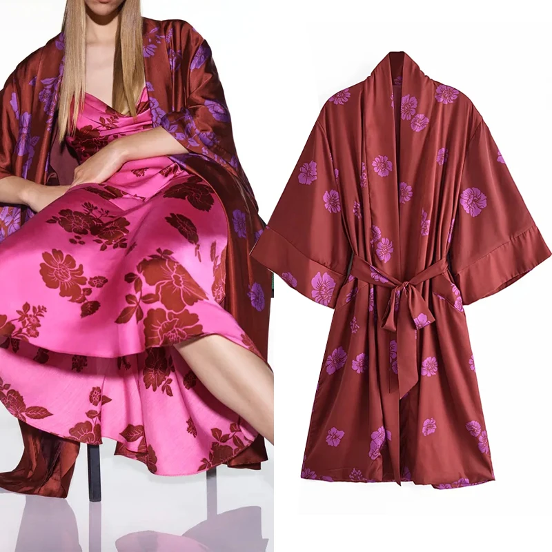 

Женская Длинная блузка TRAF, кимоно с цветочным принтом, летний топ с завязывающимся поясом, Пляжное кимоно, кардиган, Длинная блузка, 2021