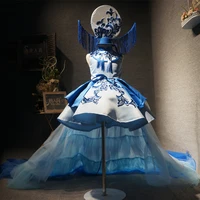 real picture blue and white porcelain girls show dresses long train vintage chinese china girls t show model dresses
