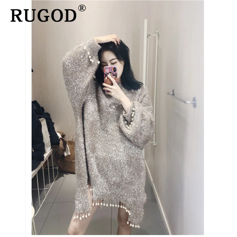 RUGOD 2019 осенний вязаный свитер женский модный жемчуг бисер Свободный пуловер