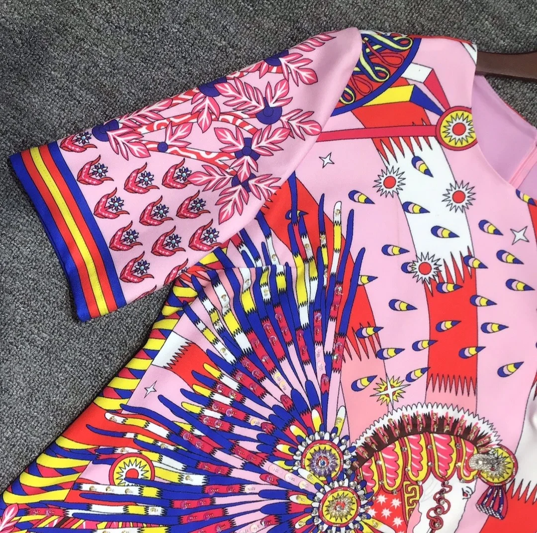 

Summer High Women's Street Fashion Vestido Short Sleeve Totem Print Crystal Diamond Lady Resort Dress