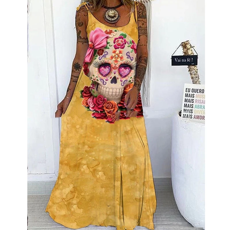 

Lugentolo Skull Dress Women Summer Fashion Plus Size Spaghetti Strap Dreses for Women Streetwear Maxi Dress