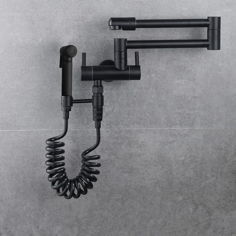 Одиночный кран для холодной раковины кухонный складной черный/хромированный