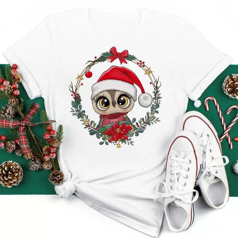

Футболка женская с рисунком совы, модный топ с рождественским принтом в стиле Харадзюку, подходит для всех сезонов, черно-белая, Прямая пост...