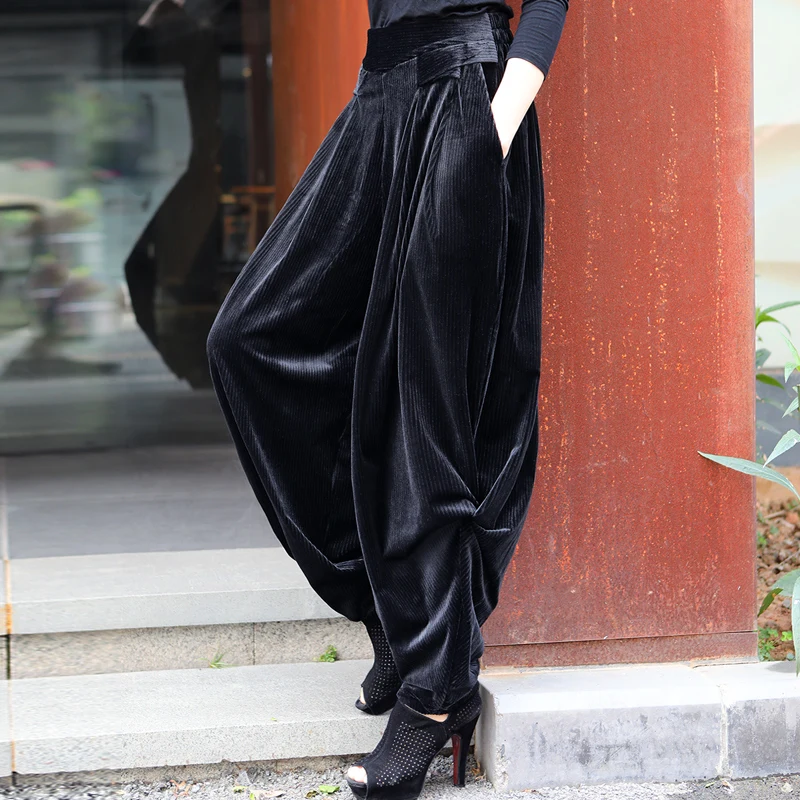XITAO Black Pleated Pants Fashion New Elastic Waist Pocket Loose Harem Pants Small Fresh Casual Style 2020 Winter DZL2305