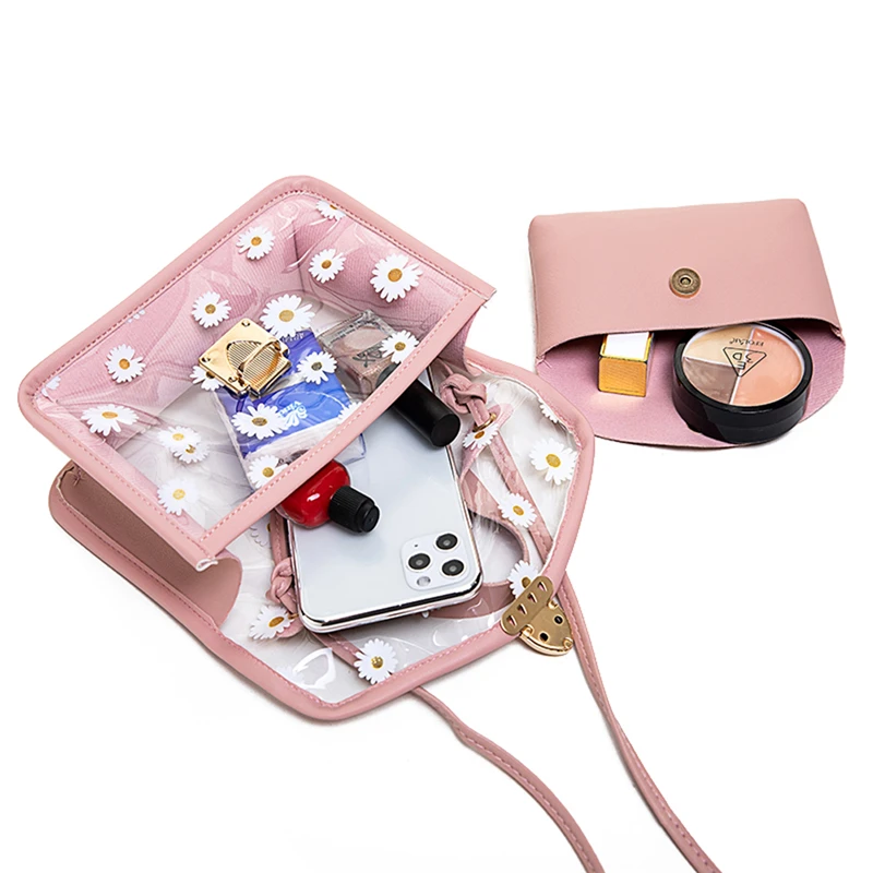 

Модная женская сумка, прозрачная сумка через плечо с рисунком маргариток, металлическая цепочка, ремешок, цветная сумка-мессенджер, компози...