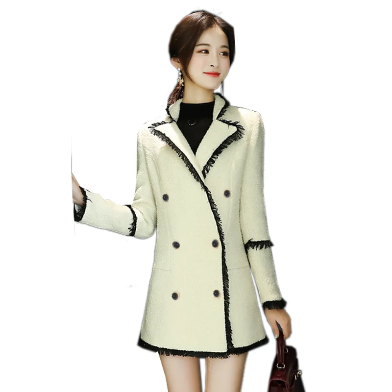 

Tweed jacket Milky white spring / autumn / winter women's jacket lapel long sleeve Business ladies one piece jacket coat