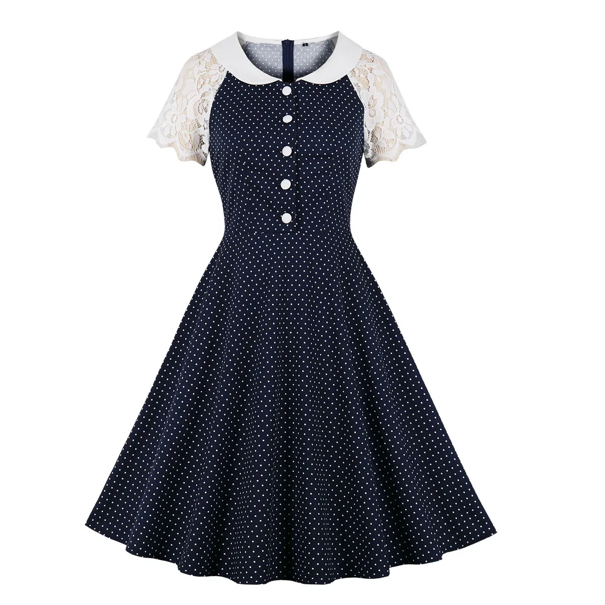 Lace Sleeve Patchwork Polka Dot Vintage Swing Women Cotton Dress White Turn-Down Collar Botton Office Lady Elegant  Vestidos