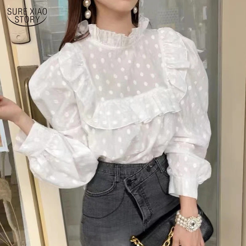 

Loose Puff Sleeve Embroidered Polka Dot Shirt Stand-up Collar Pleated Ruffle Stitch Blouse White Long-sleeve Cotton Blouse 16984