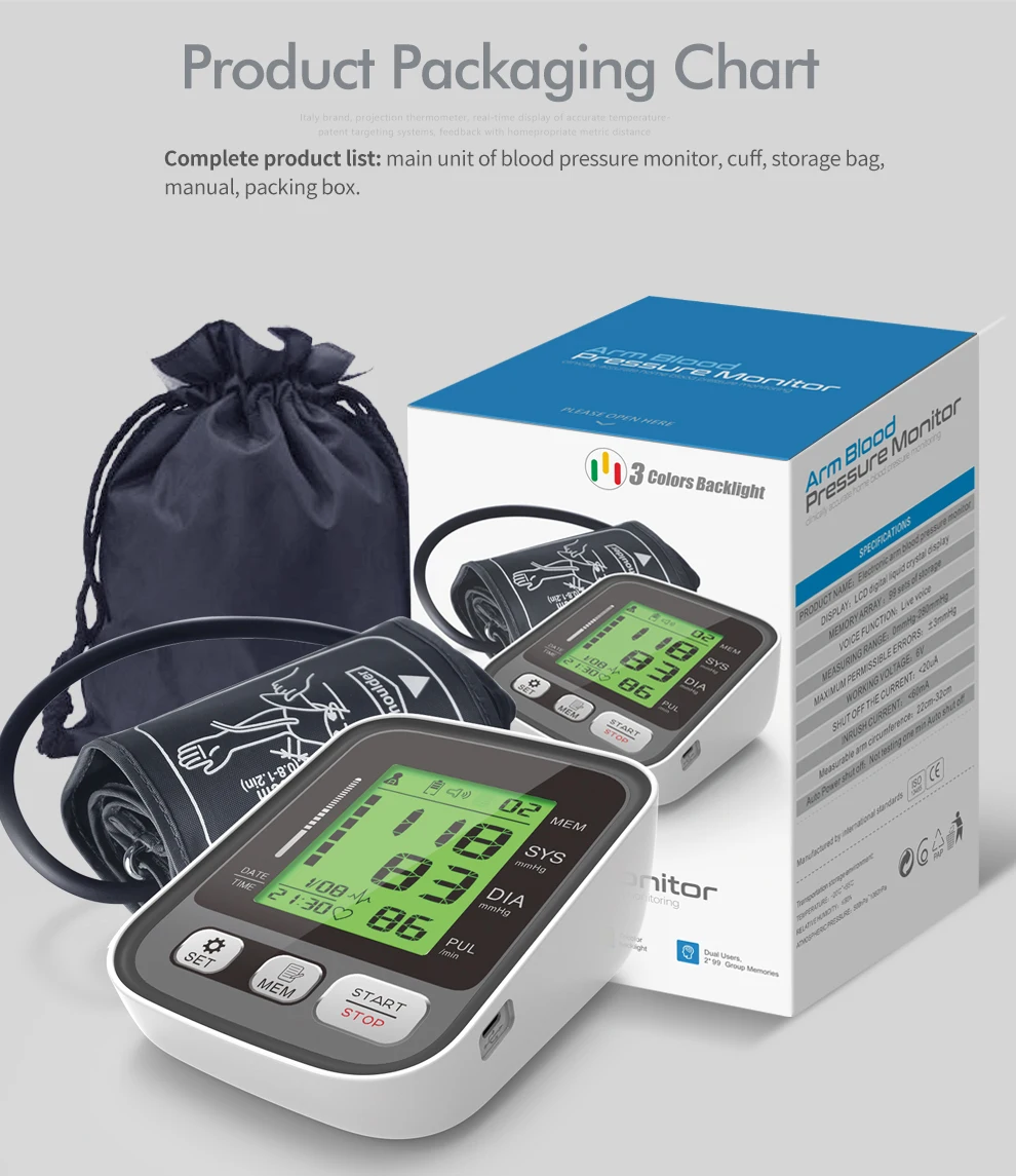

Medical Equipment Upper Arm Automatic Digital Blood Pressure Monitor Rechargeable Sphygmomanometer Monitor Heart Rate Pulse