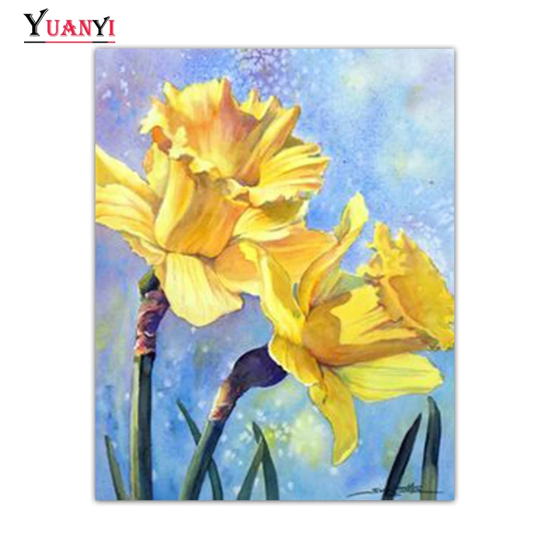 Полностью квадратная Бриллиантовая Вышивка Желтая цветок 5D DIY Алмазная Картина