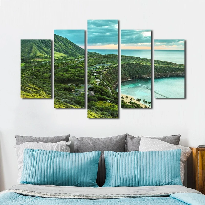 

HD Printed Modular Canvas Posters Framework 5 Pieces Green Mountains Sea Landscape Paintings Decor Modern Wall Room Art Pictures