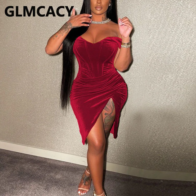 

Women Off Shoulder V Necj Bodycon Slit Miini Dress Velvet Sexy Party Club Dress