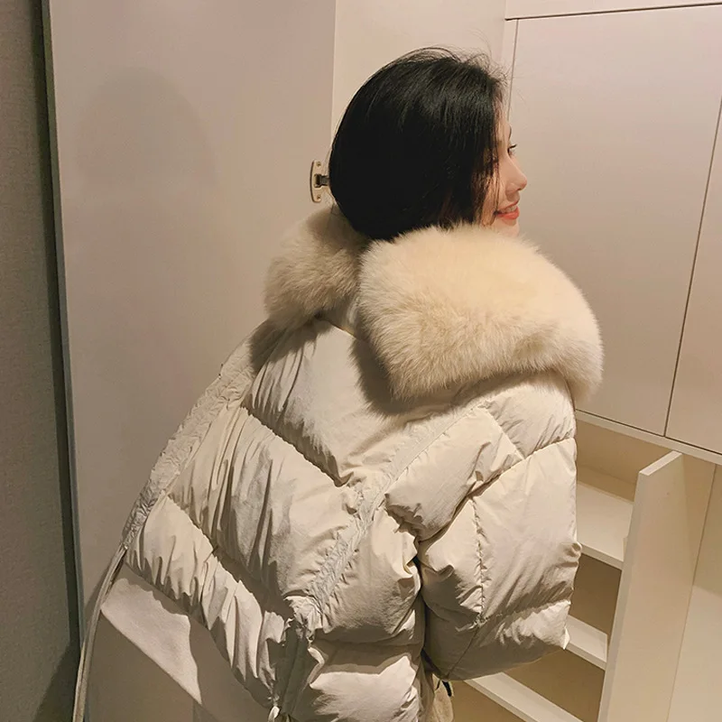 

Temperament White Duck Down Fox Fur Big Fur Collar Short Down Padded Jacket Women Winter Bread Coat Jacket Trend