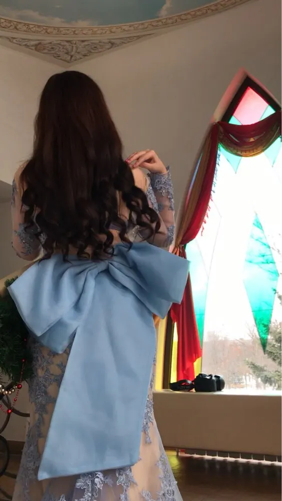 

Abiye Arabic Dubai Long Sleeve Mermaid Evening Dresses 2020 Backless Appliques Lace Blue Long Evening Party Gowns For Women
